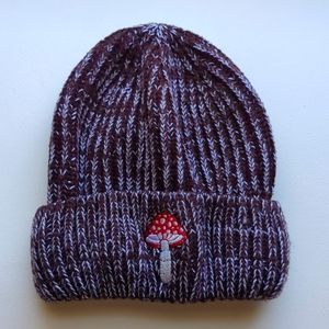 Embroidered Amanita Mushroom Fitted Beanie Hat in Chocolate Brown and White
